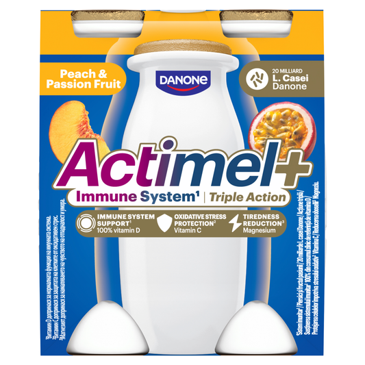 DANONE Actimel+ őszibarack- és maracujaízű zsírszegény joghurtalapú ital 4 x 100 g (400 g)