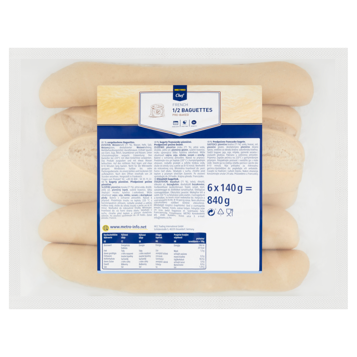 METRO Chef Elősütött French 1/2 Baguette 6 x 140 g