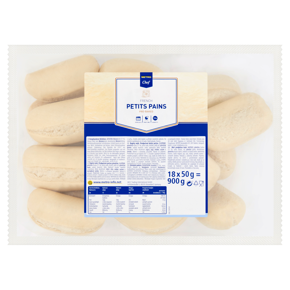 METRO Chef French Petit Pain Elősütött Mini Bagett 18 x 50 g